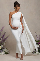 White Maternity One Shoulder Maxi Dress with Cape Sleeve